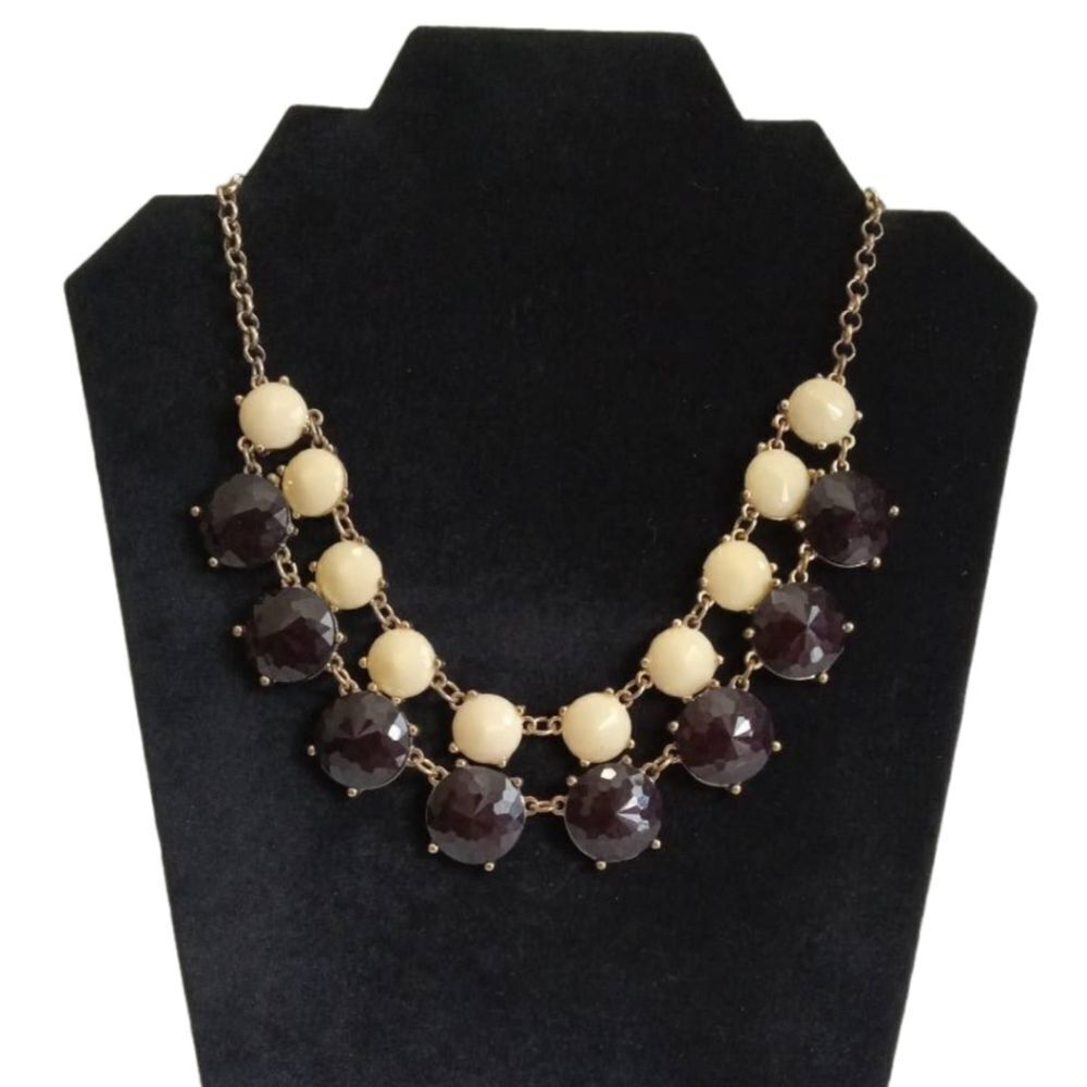 Dark Brown Off White Cream Rhinestones Gold Toned Rolo Chain Statement Necklace